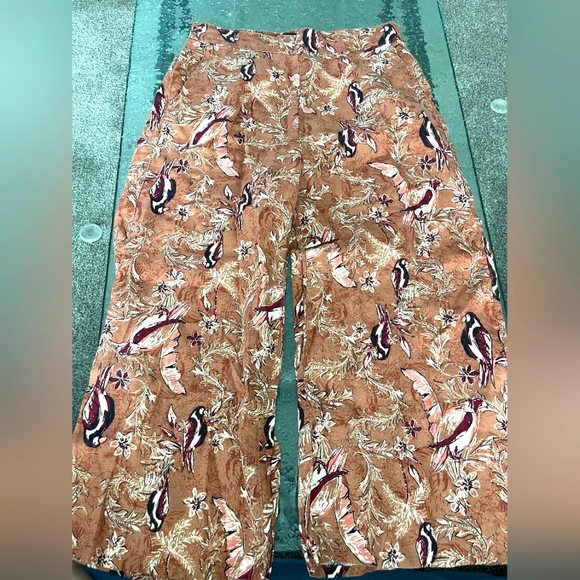 Tahari Pants - Tahari 100% Linen Tropical Bird Printed Cropped Wide Leg Palazzo Summer Pant Lg